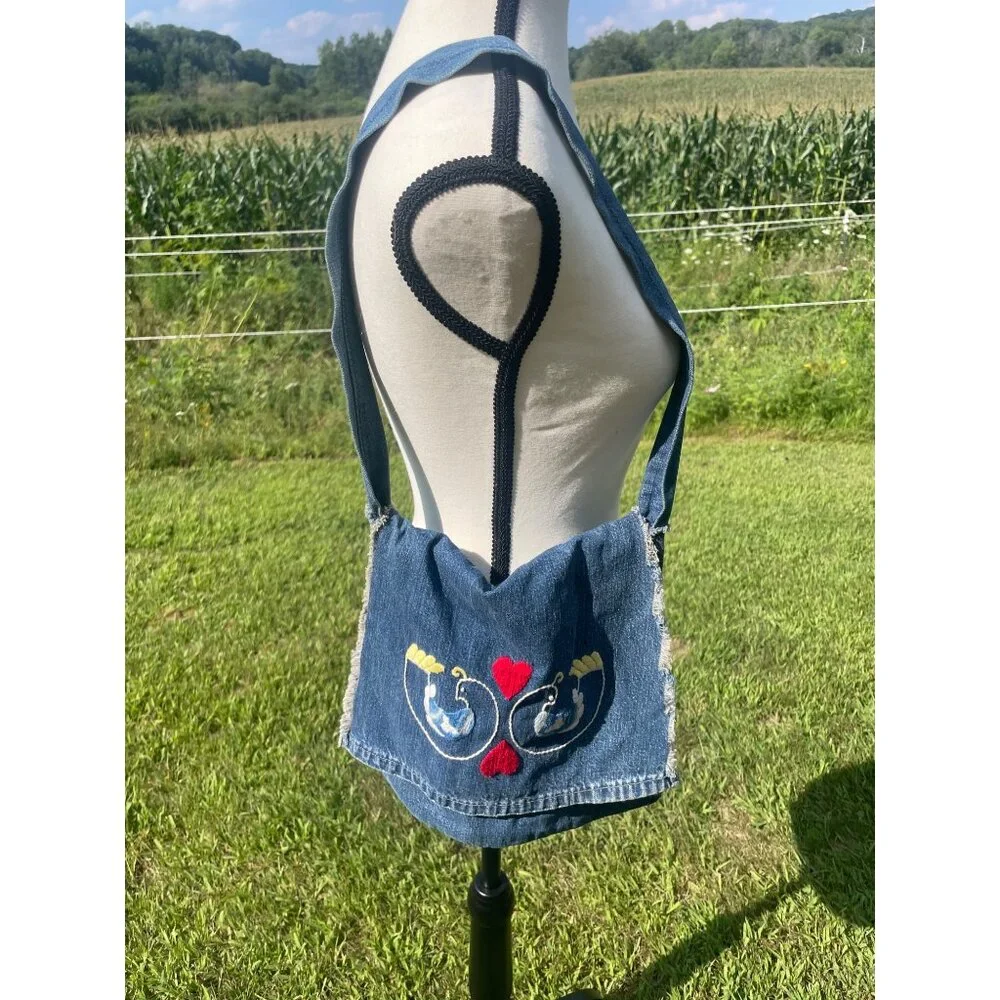 Vintage Handmade Denim Shoulder Bag With Heart & Bird Embroidery - Picture 1 of 4